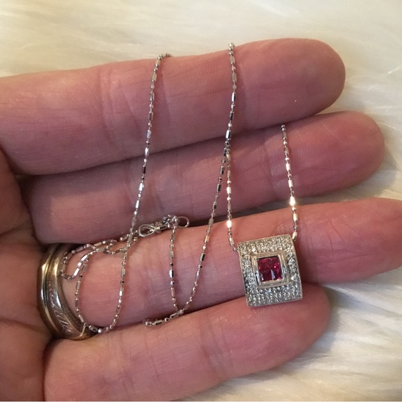 Estate 18K White Gold Ruby & Pave Natural Diamond Pendant - Picture 5 of 6